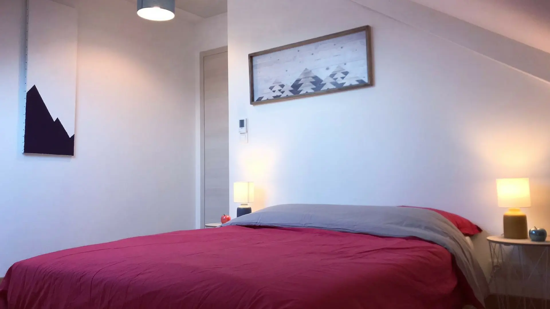 bedroom with pink bed