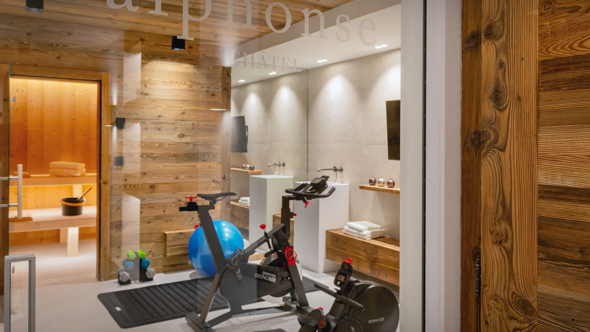 Salle avec appreils de fitness, lavabos, sauna en arrière plan