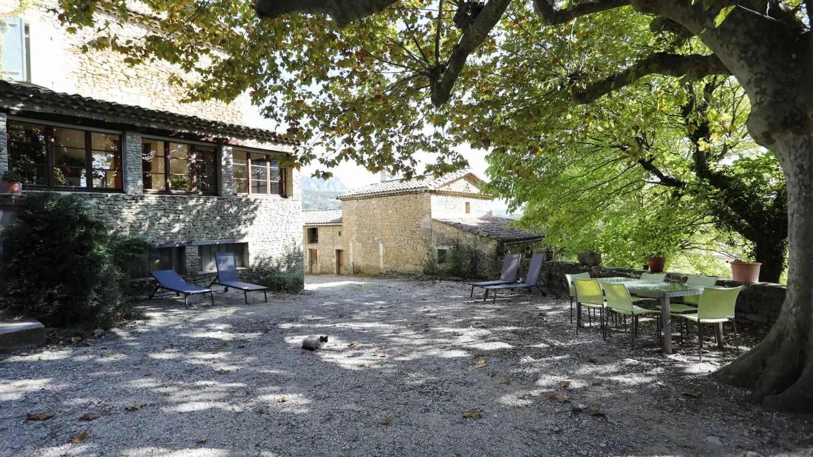 Cour avec salon de jardin et transats