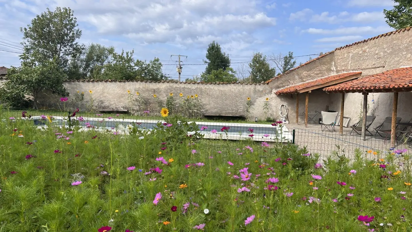 La piscine entourée de fleurs et la pool house donnent sur le parc