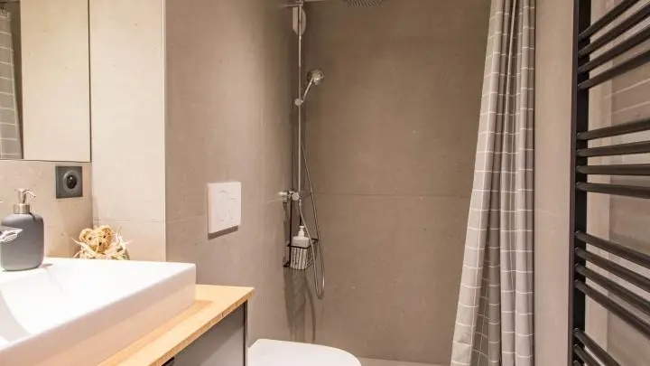 Salle de bain 1 avec plan vasque, douche et toilettes