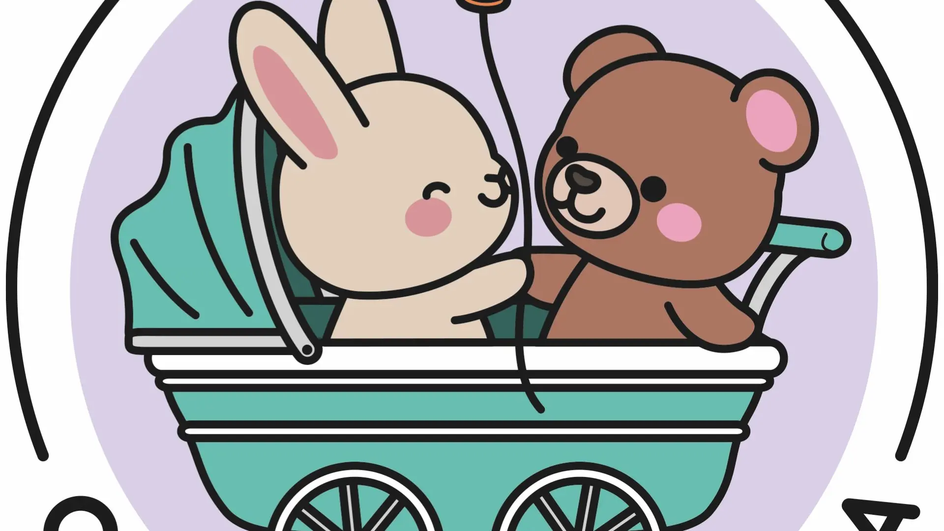 logo deux peluches assises dans une poussette qui tiennent un ballon de baudruche rouge