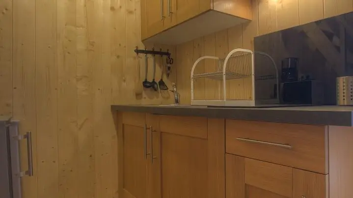Espace kitchenette avec ses deux plaques vitrocéramique, son petit frigo et micro-onde.