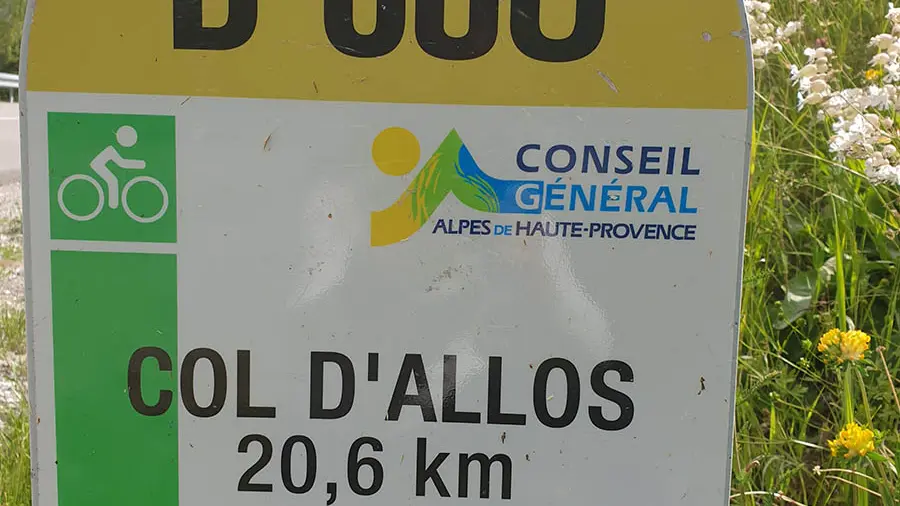 Road marker on the Col d'Allos road, D908, altitude 1304, 20.6km before the pass