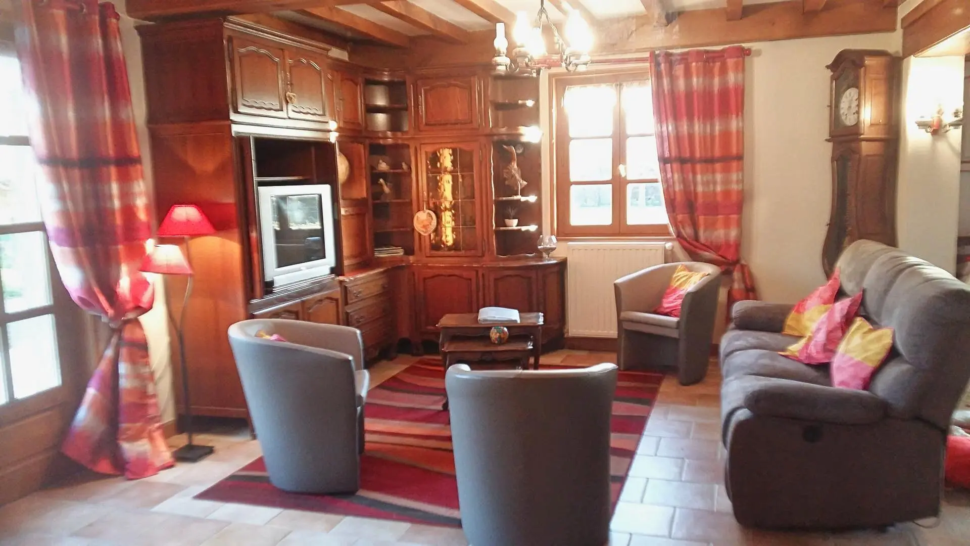 Salon , canapé relax et bibliothèque