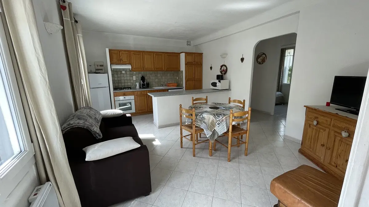 Séjour lumineux carrelé avec table à manger, canapé, fauteuil, TV, coin cuisine avec bar, ameublement bois, fenêtres