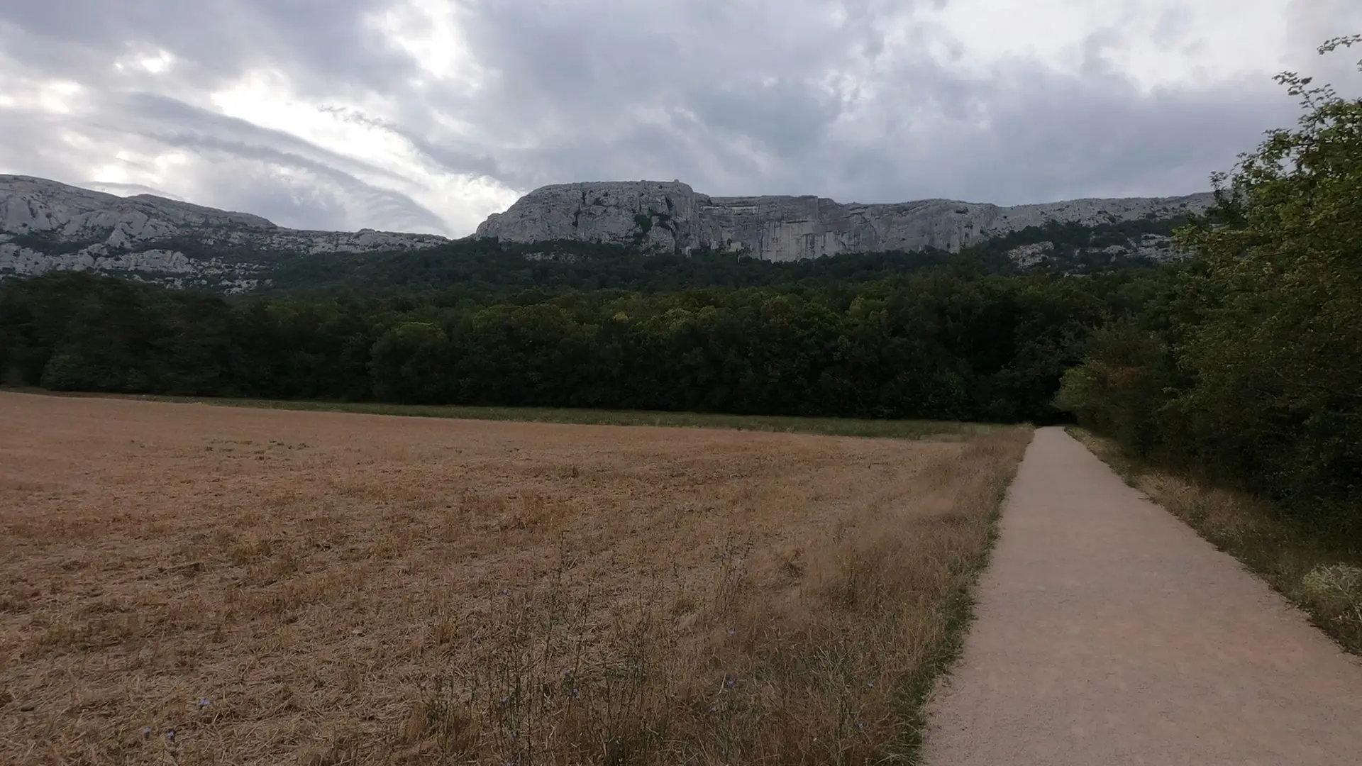 Panaroma sur le massif avec de la végétation au pied et une partie supérieure rocheuse