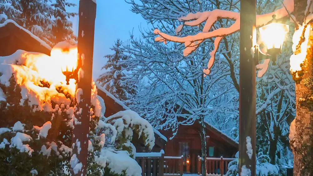 Chalets baignés dans une lumière tamisée, entourés d'arbres enneigés, créant une atmosphère chaleureuse et hivernale.