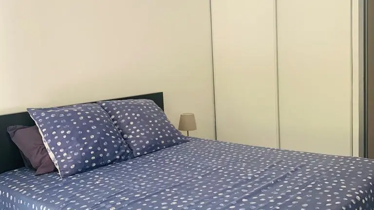 Chambre avec un lit double et un placard intégré.