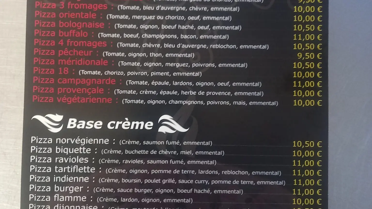 Liste des pizzas proposées par Pizza 18