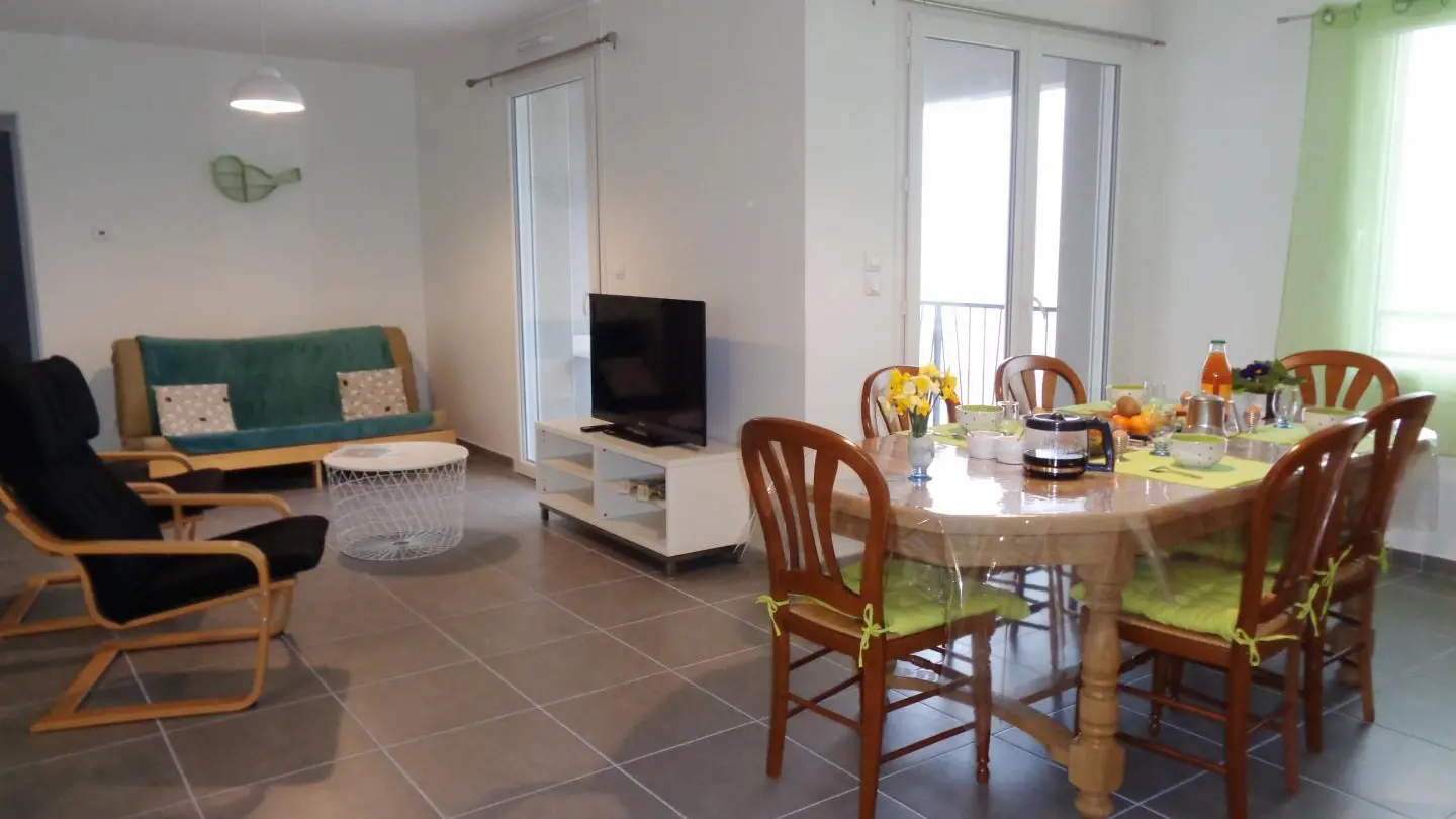 Pièce à vivre avec cuisine ouverte sur l'espace détente et la salle à manger. Internet: Appartement équipé de la fibre par Orange.