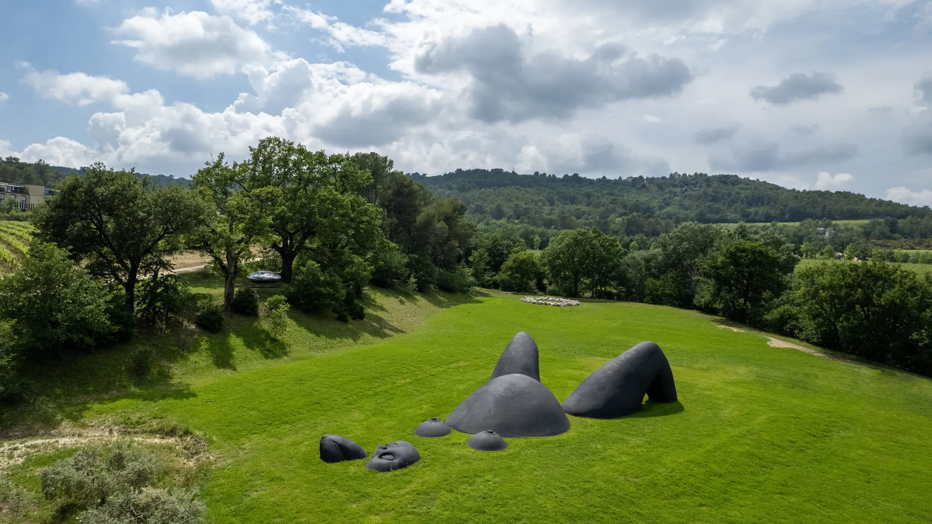 A monumental body half risen from the meadow, on the art walk through the estate. Prune Nourry, Mater Earth, Château La Coste. Photo © Vincent Agnès