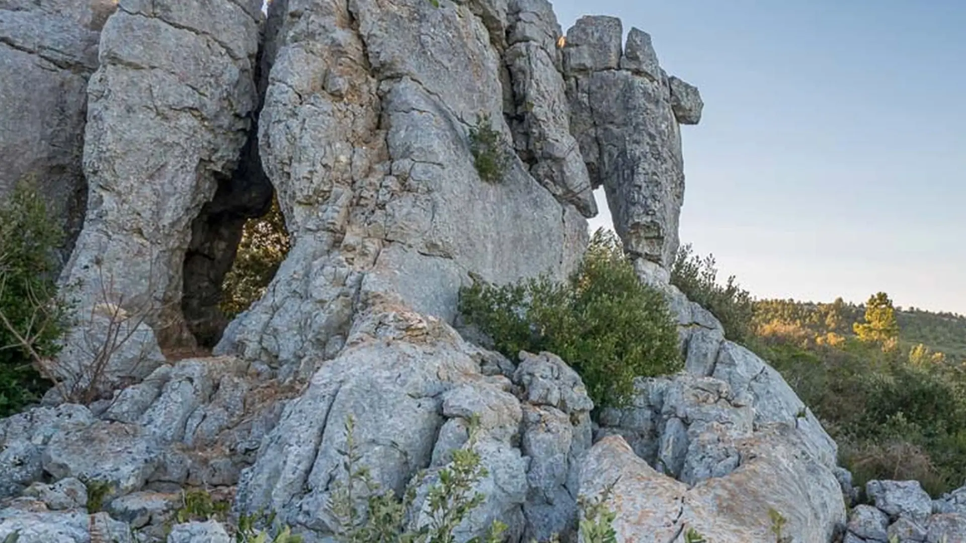 Photo du rocher ressemblant à un éléphant avec la garrigue en arrière plan