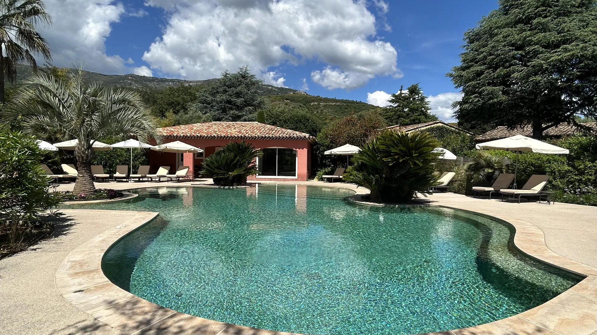 Piscine lagon commune et banquette immergée