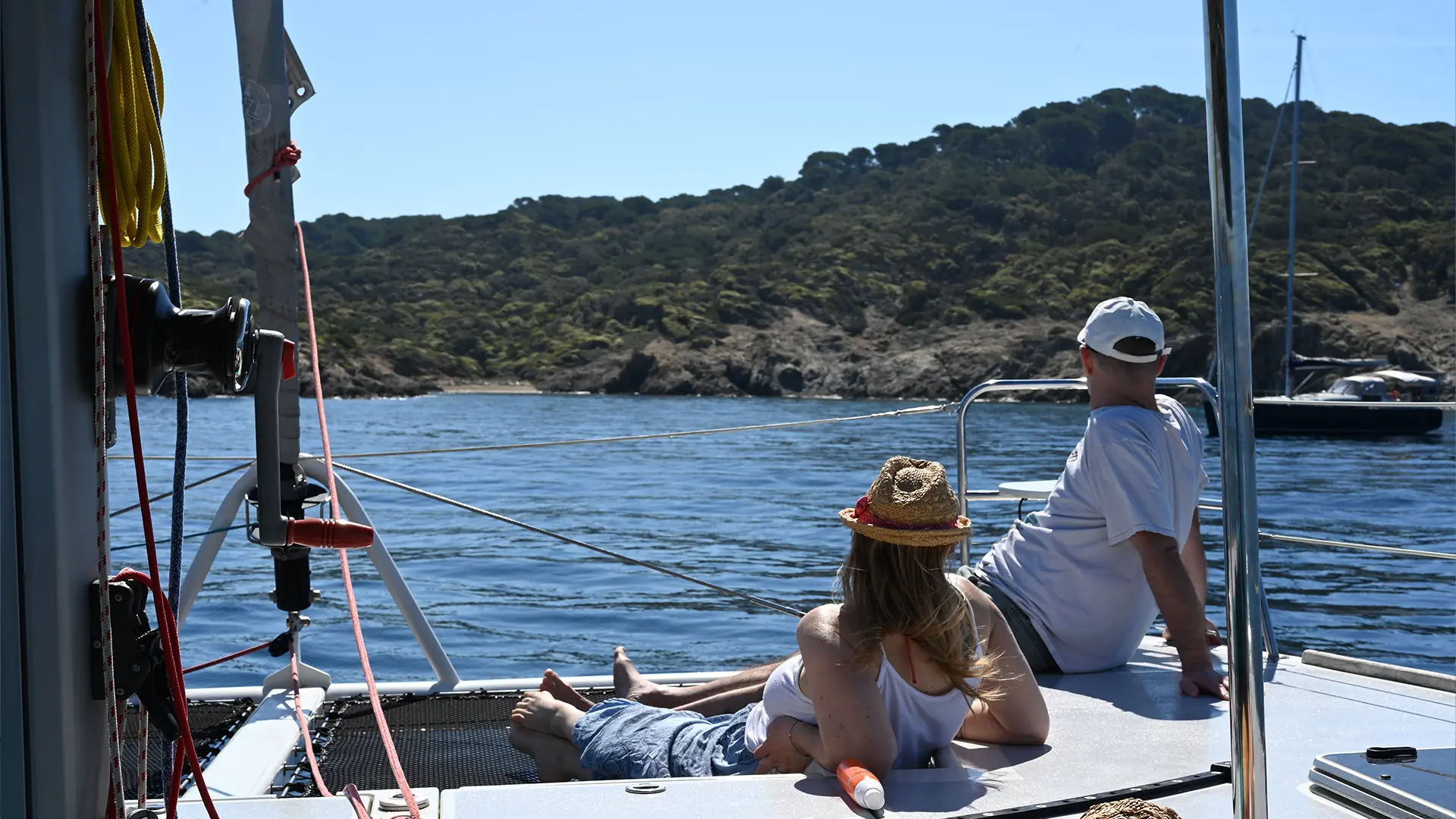 With the family aboard the catamaran. Setting sail for Porquerolles