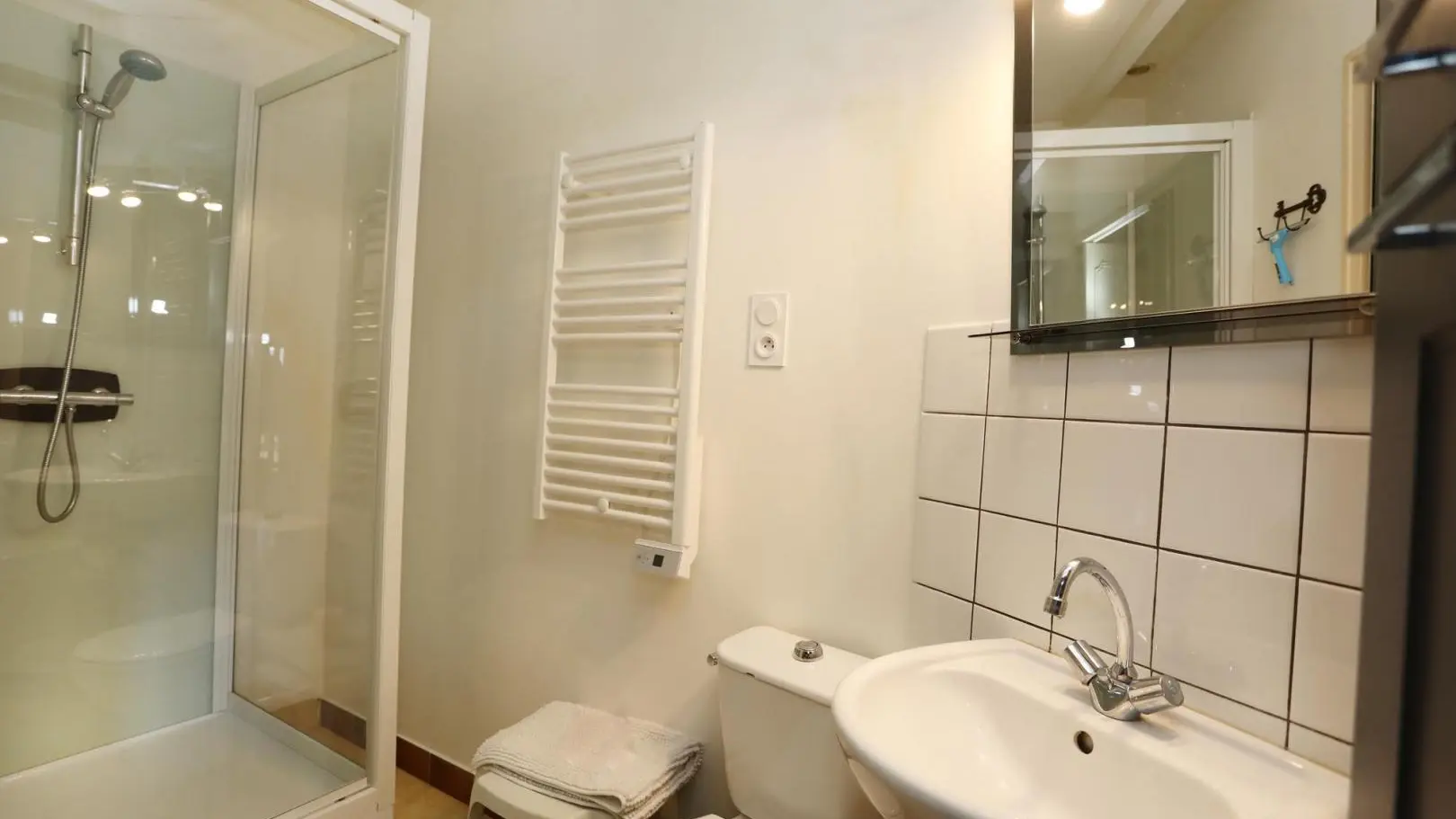Salle d'eau privative à la chambre : cabine de douche, lavabo, wc