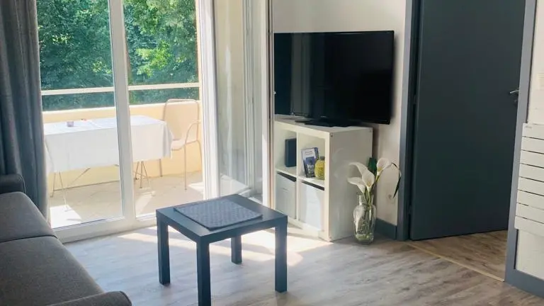 Un salon avec un canapé, une table basse, un téléviseur, une porte-fenêtre donnant sur la terrasse.