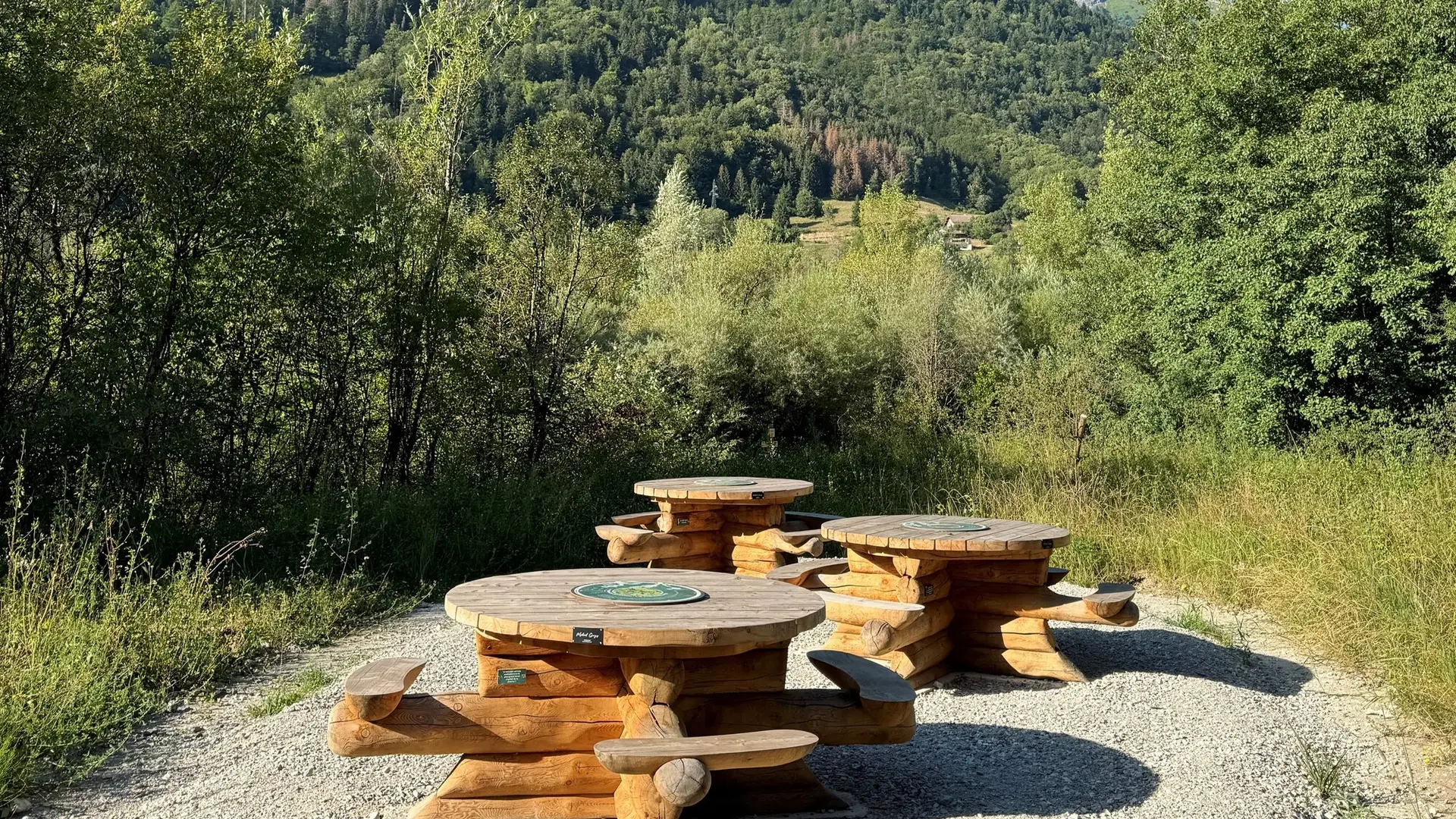 Espaces de pique-nique avec tables sur la rive gauche de la plaine du Fier