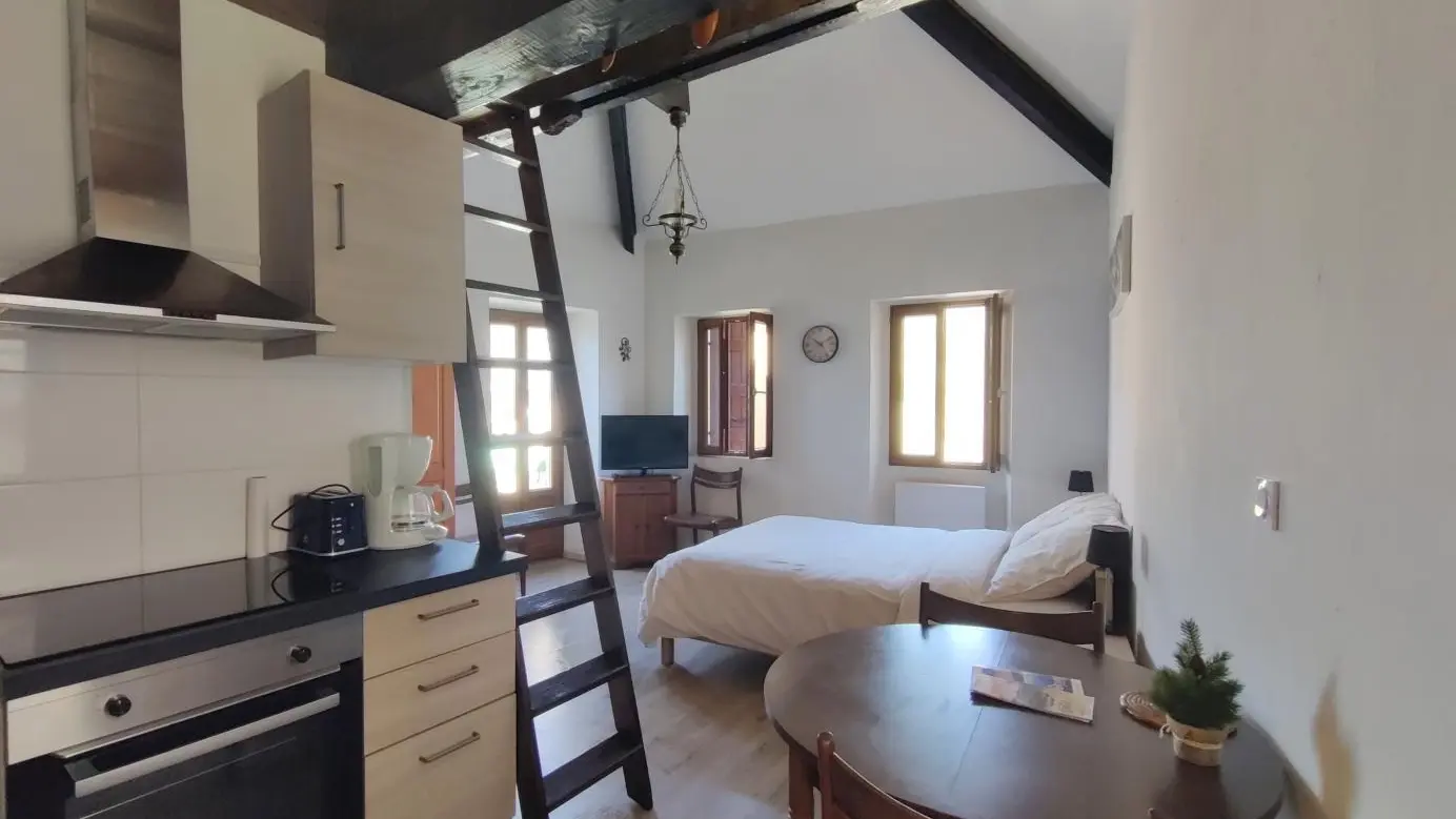 Espace cuisine. Non visible sur cette photo un grand frigo intégré ainsi que l'évier. Le Planet 2 d'Ilonse - Gîtes de France Alpes-Maritimes