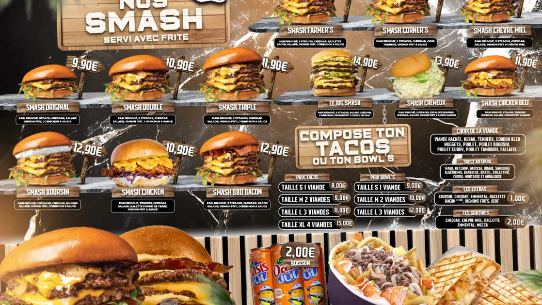 smash burgers/ tacos/ bowls