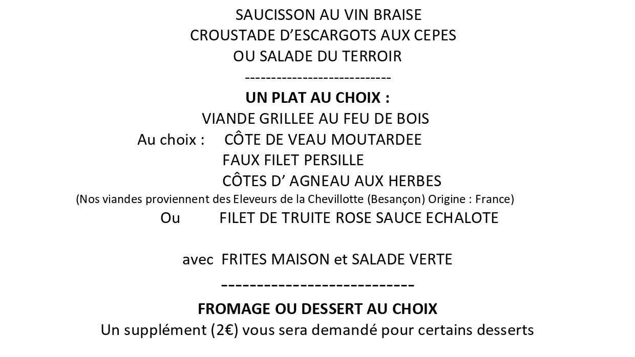 Menu de l'auberge du lac genin