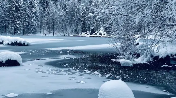 Le lac vert sous la neige.