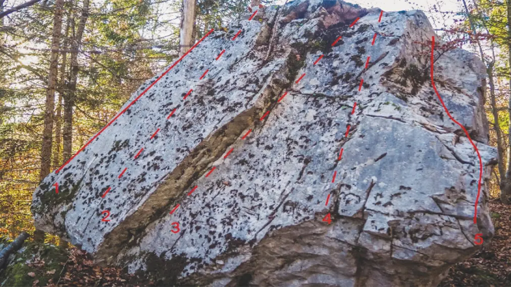 Bloc du bas (face Est)  1/ Voie normale (descente) 3a 2/ Daï dalle 4a 3/ Tatouille 4c 4/ La voie Thouret 5a Le corner 6a (DA) Relais en haut des voies / 2 passages possibles à droite sur arbre avec sangle, pas nettoyer, pas de relais