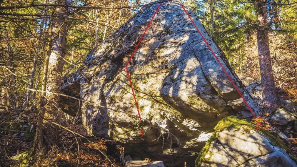 Bloc du bas (face Sud)  1/ Néandertalien 5c (DA) 2/ Voie normale – descente 3a