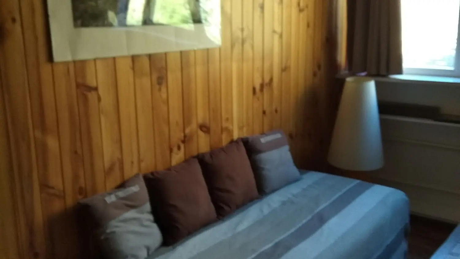 Séjour lumineux ameublement bois, lambris, fenêtre et rideaux