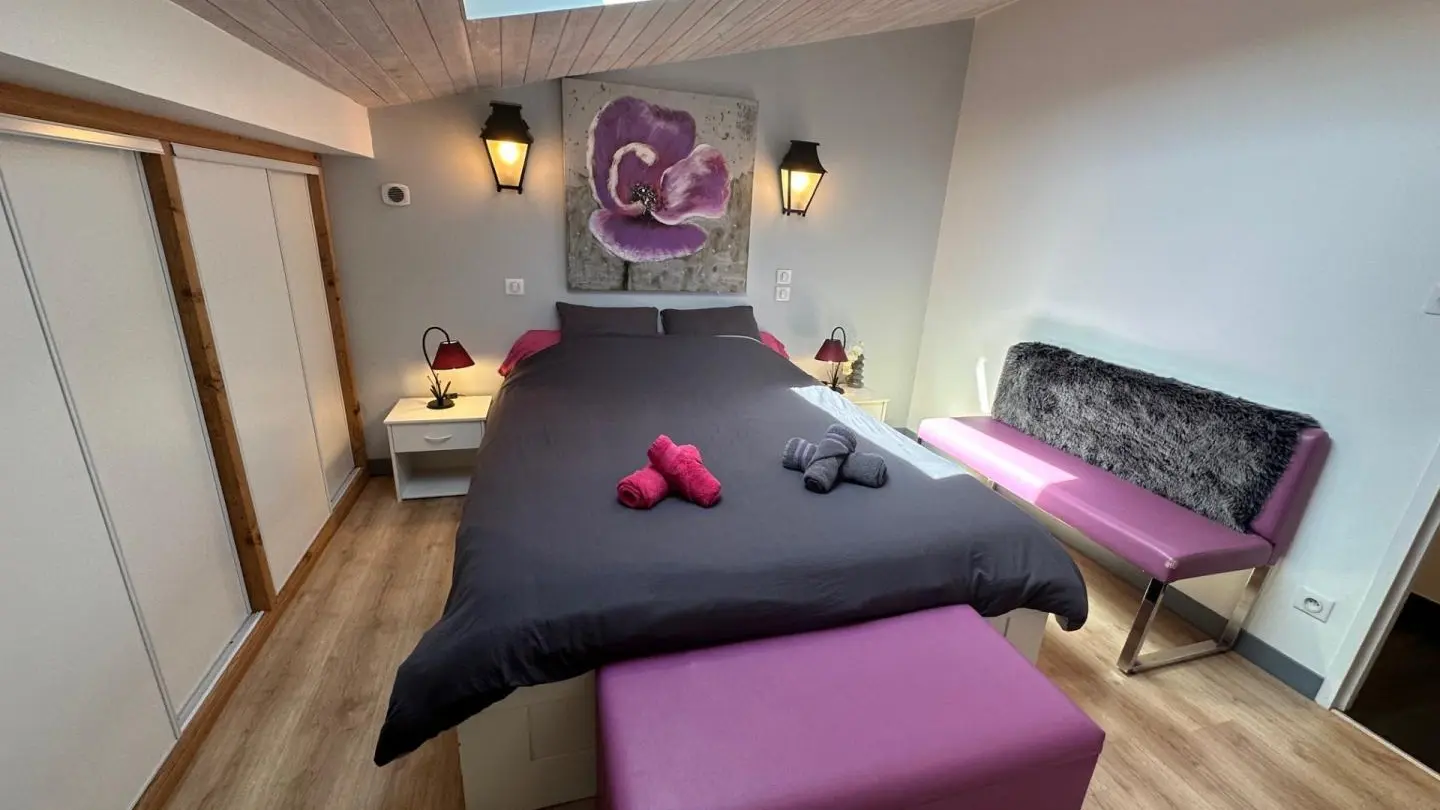 chambre violette 1 lit 160 et un lit bébé