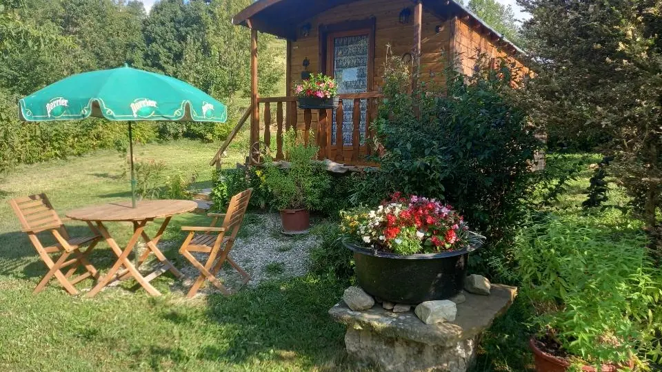 Une roulotte en bois surélevé avec un toit arrondi, entouré de verdure, avec une terrasse et un parasol vert déployé à gauche.