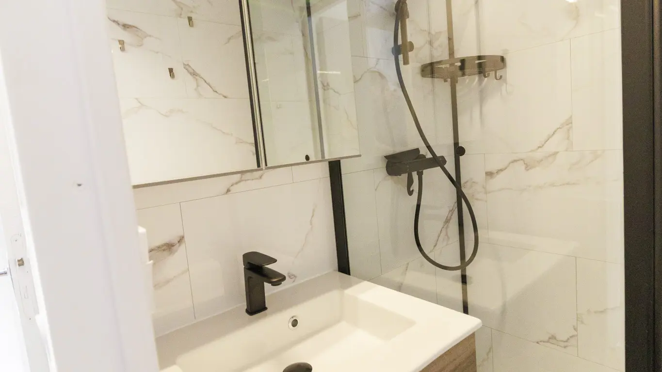 Salle de bains, meuble avec vasque, grand miroir, douche