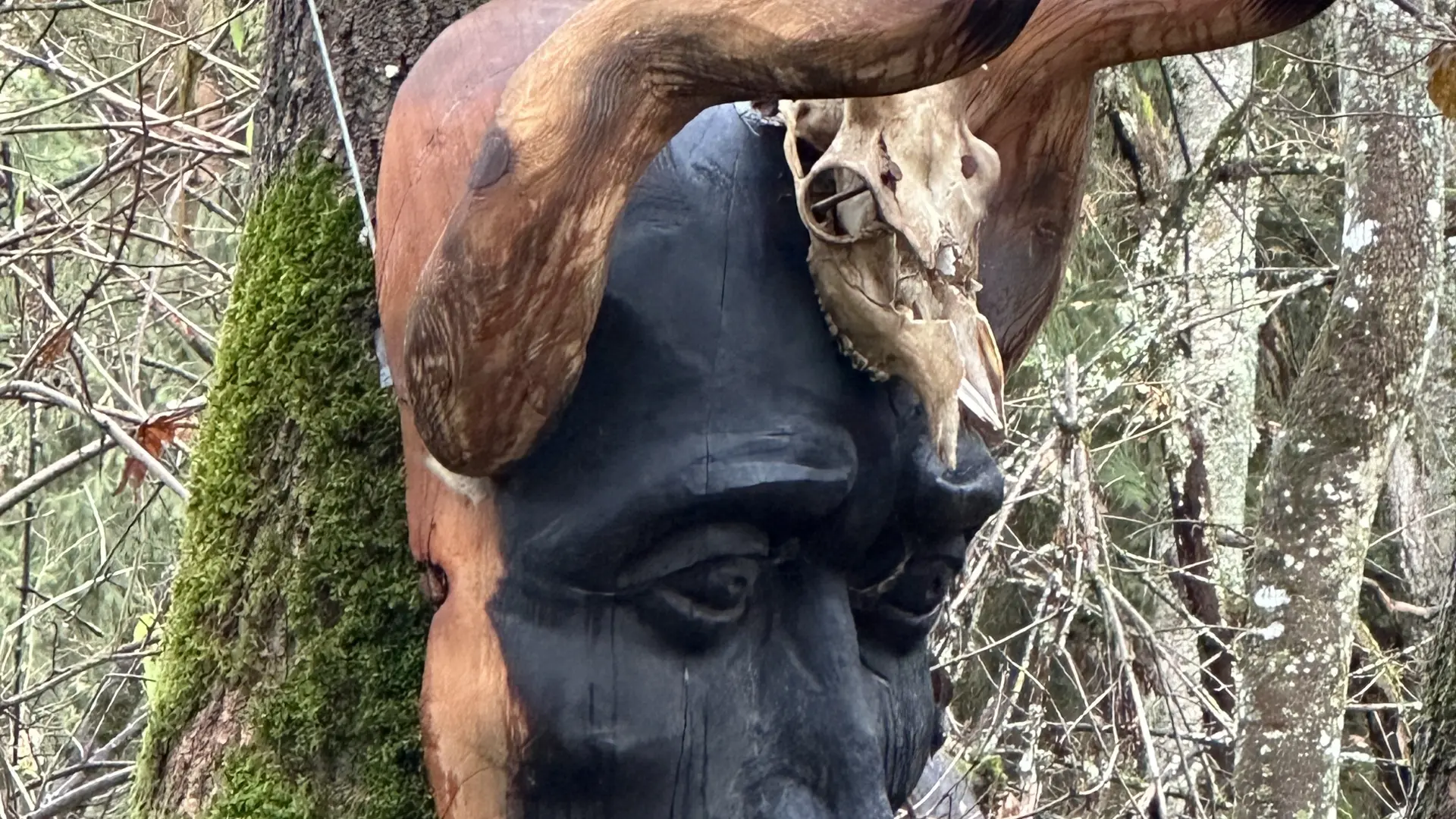 Une sculpture de tête d'homme avec des cornes.