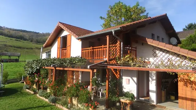 Une maison de campagne avec un grand jardin, entourée de verdure. Sur le côté, une terrasse en bois est couverte d'une pergola. Le jardin, bien entretenu, est agrémenté de massifs de fleurs.