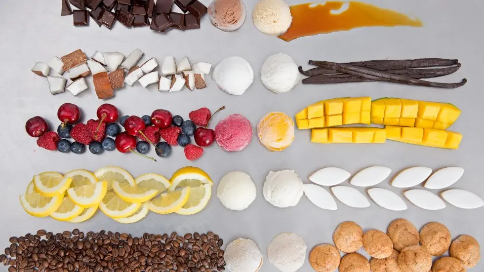 Chocolaterie Puyricard_L'Isle-sur-la-Sorgue assortiments de produits de fabrication : fruits, miels, suvcrre, cacao, noix de coco, gousse de vanille, mangue, citron, caramel liquide, macarons