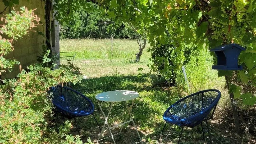 Espace ombragé sous la treille, sur le côté du Gîte