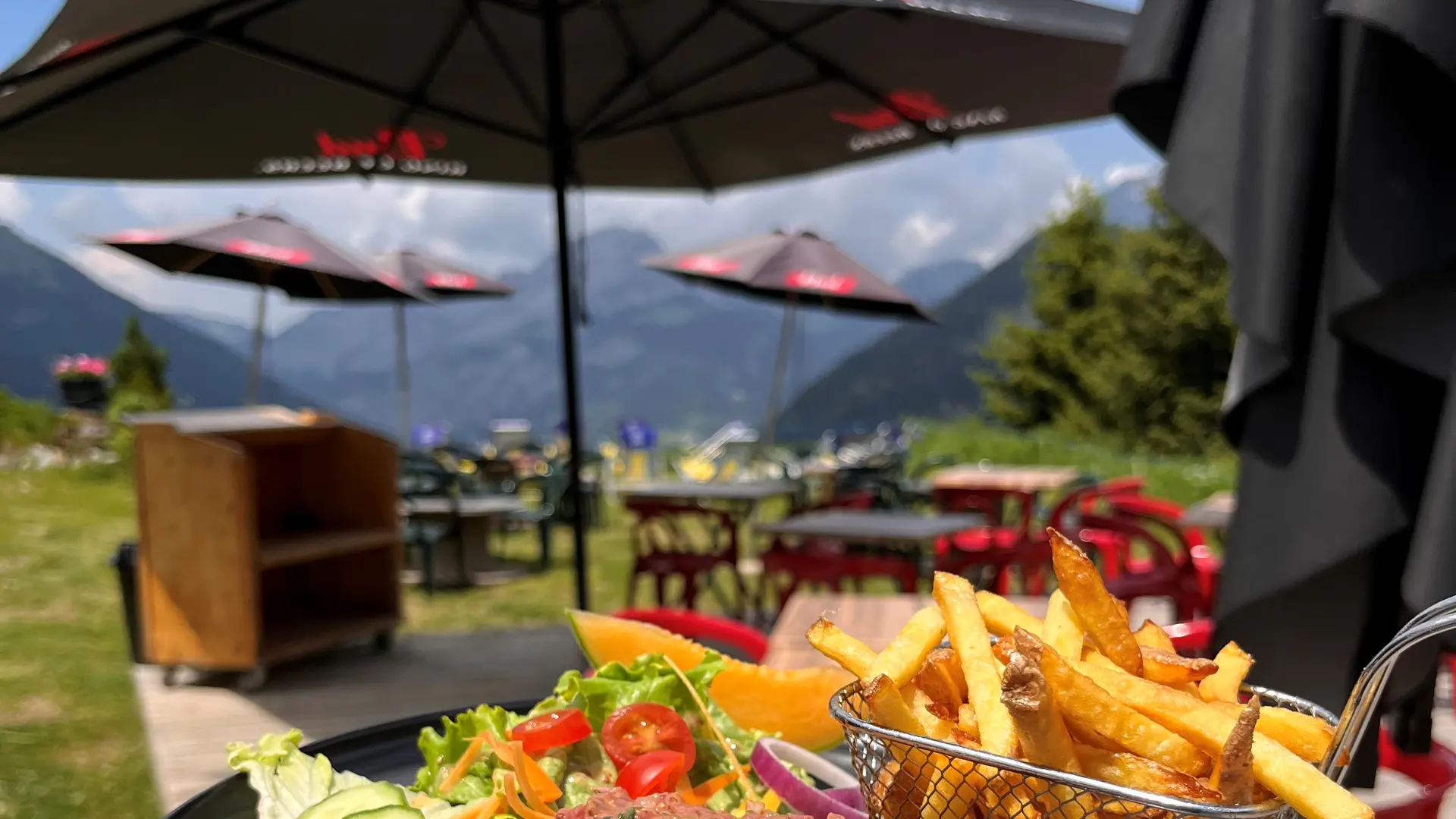 Tartare de boeuf avec ses frites et salade servi sur la terrasse