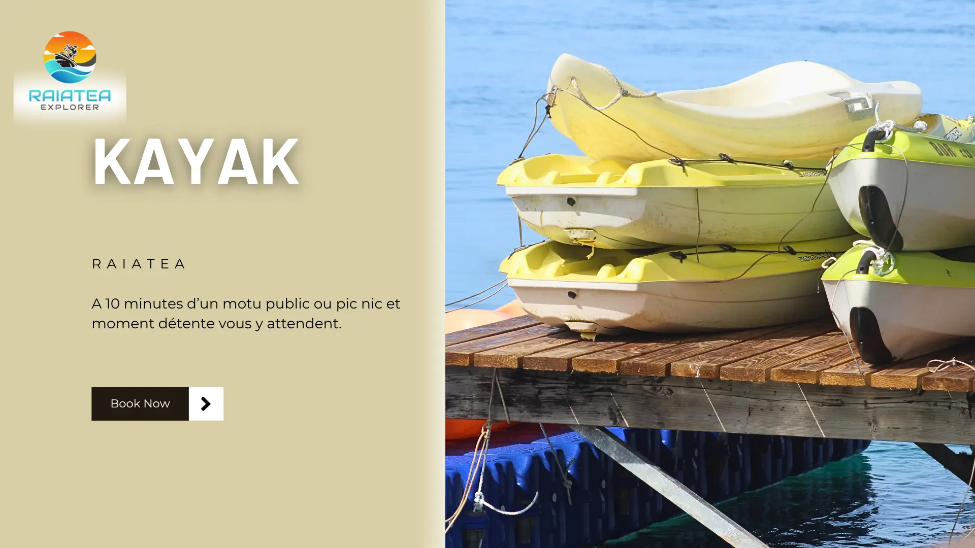 Location kayak sur site à 10 min d'un îlot (motu) public