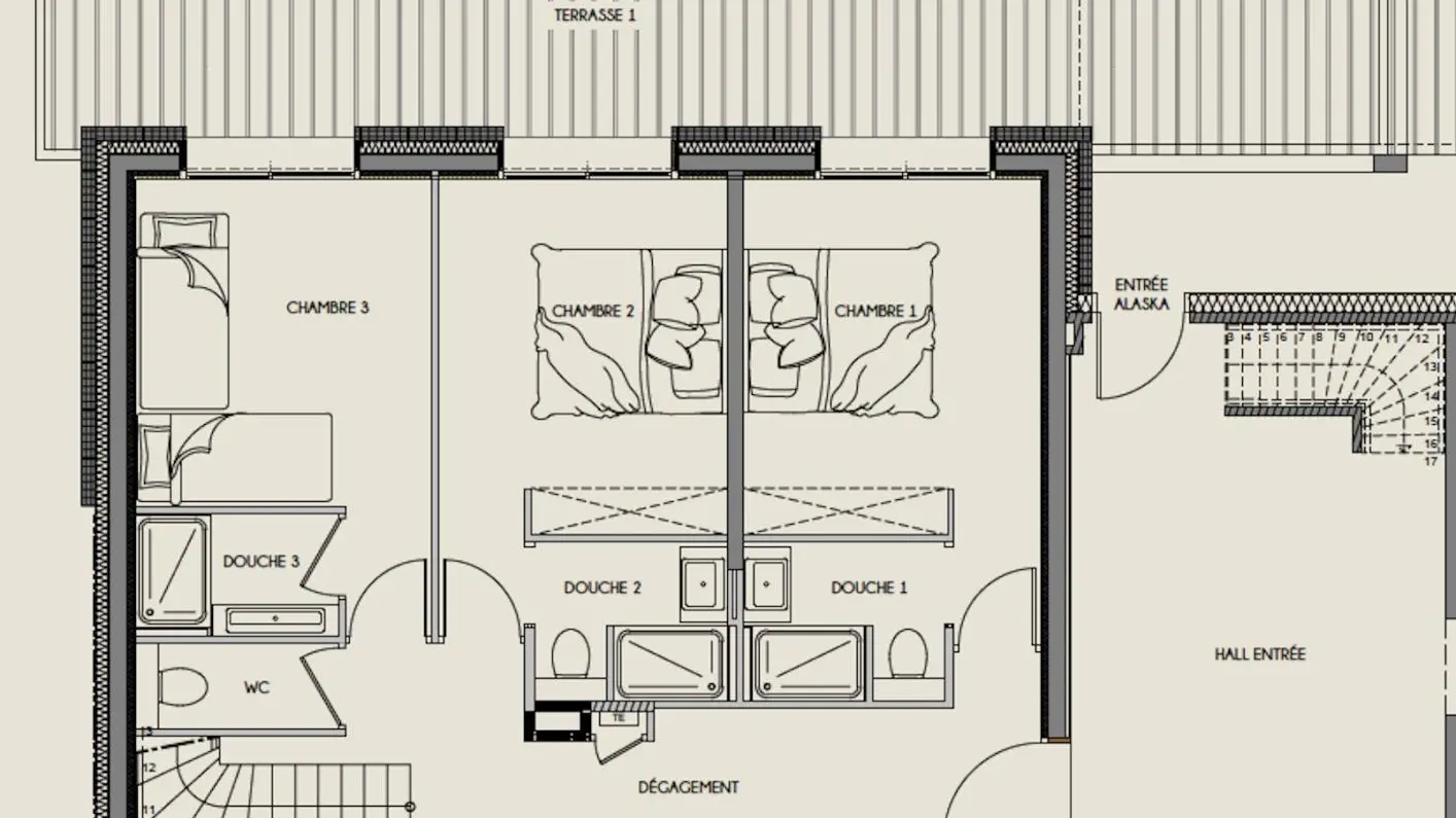 Niveau 0 , entrée, chambres et terrasses.