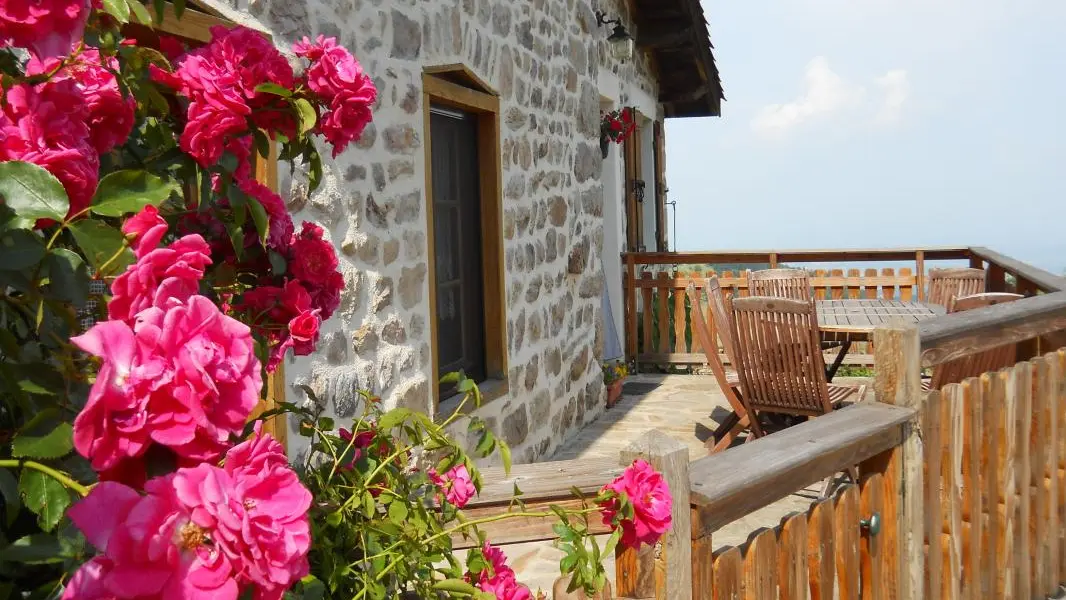 Terrasse du gîte avec vue sur la plaine du Forez.