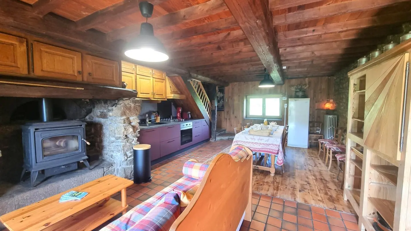 Pièce à vivre avec cuisine ouverte sur la salle à manger et l'espace détente.