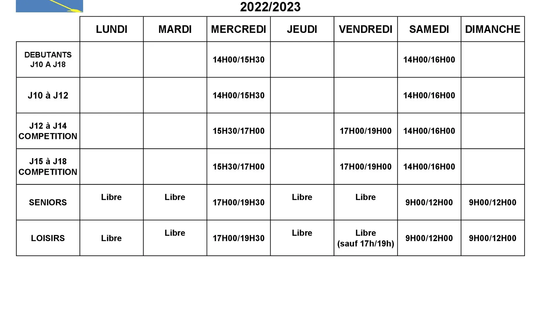 Horaires d'entrainement 2022-2023