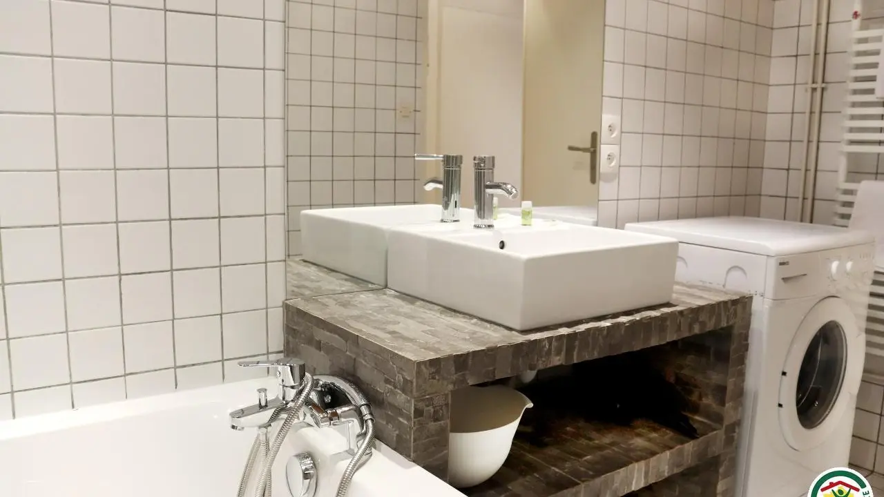 Salle de bain : lavabo, douche, baignoire et lave linge.