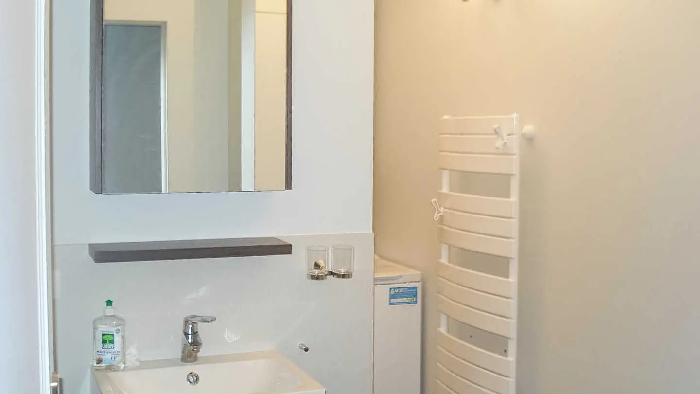 Salle d'eau avec sèche serviettes et lave linge