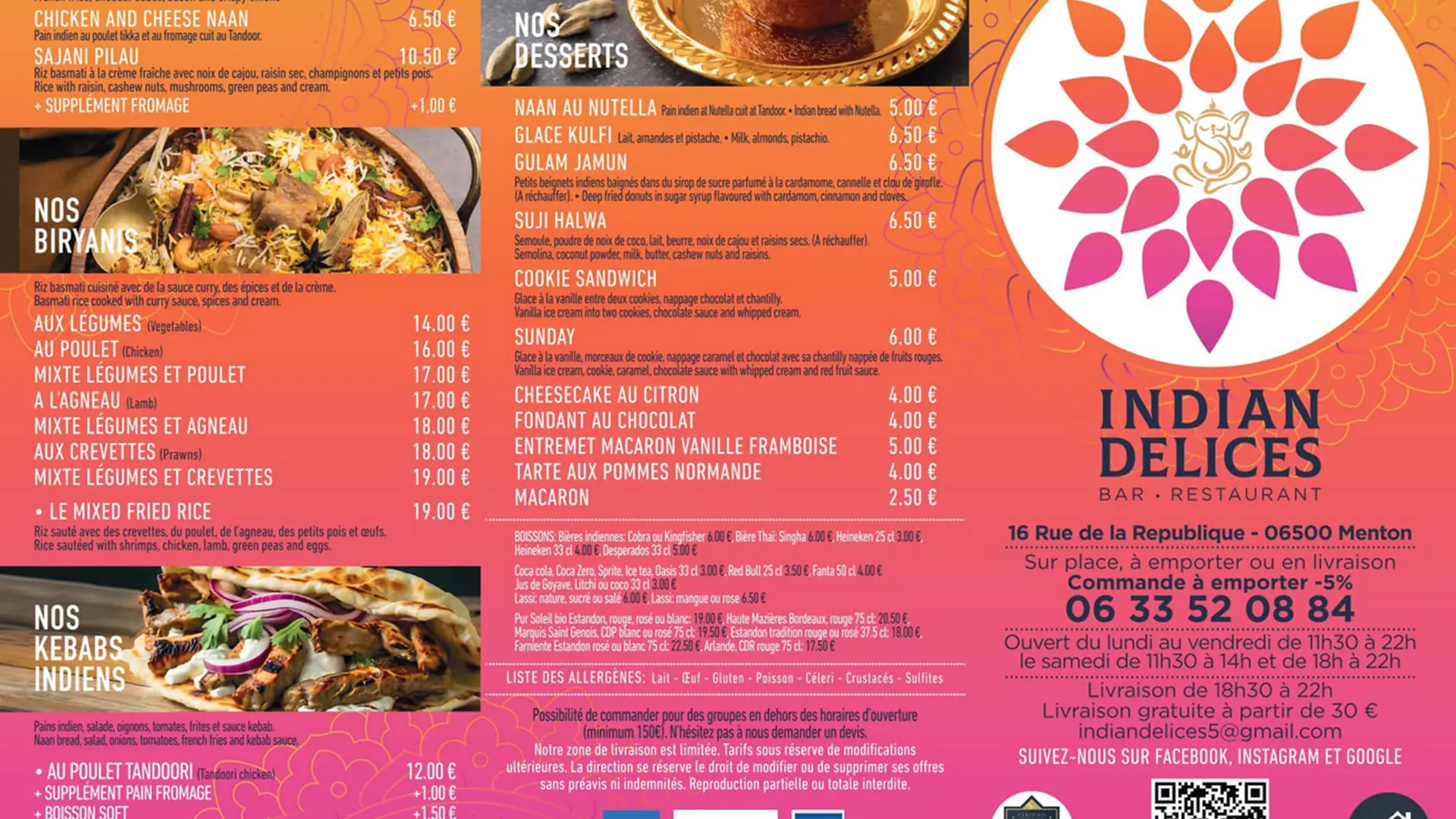Nouvelle carte du restaurant