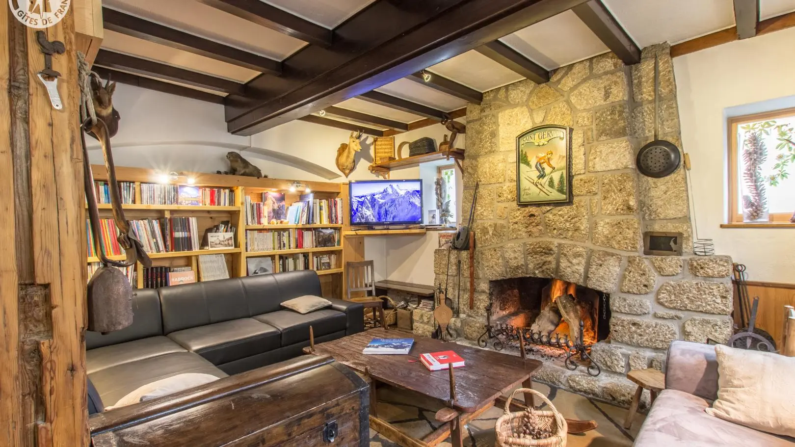 Coin salon, cheminée, bibliothèque