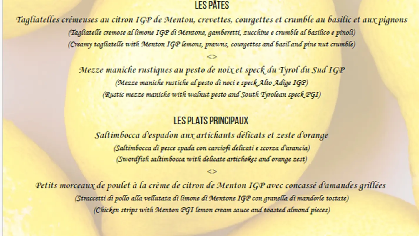Menu Fête di Citron les jours de corso