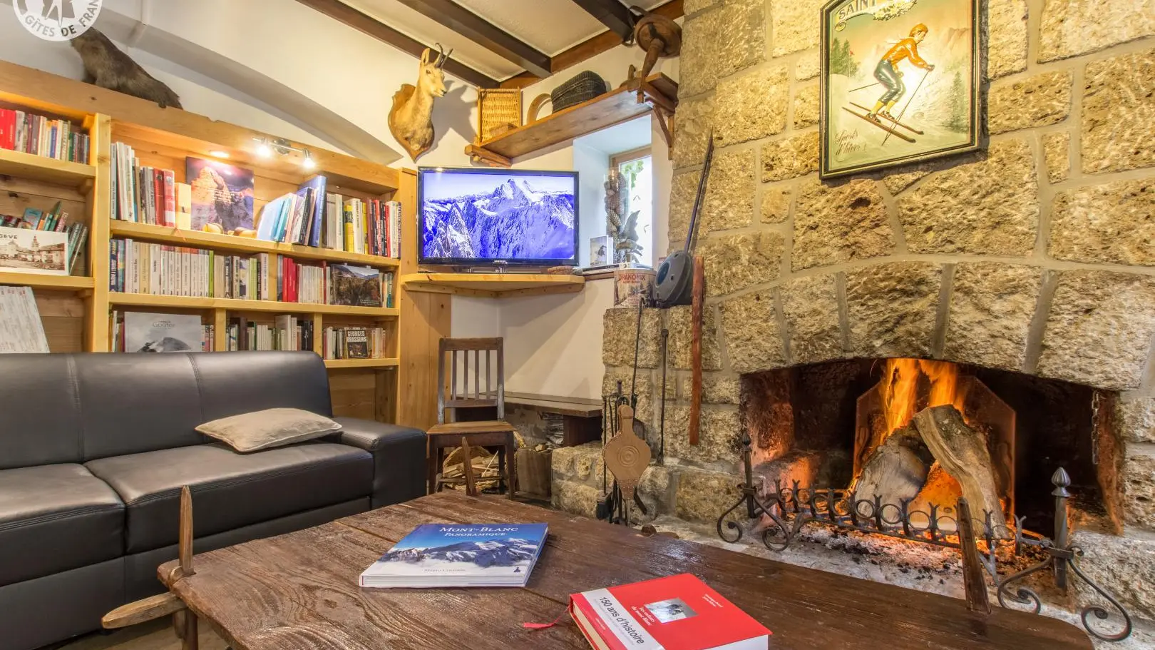 Coin salon, cheminée, bibliothèque