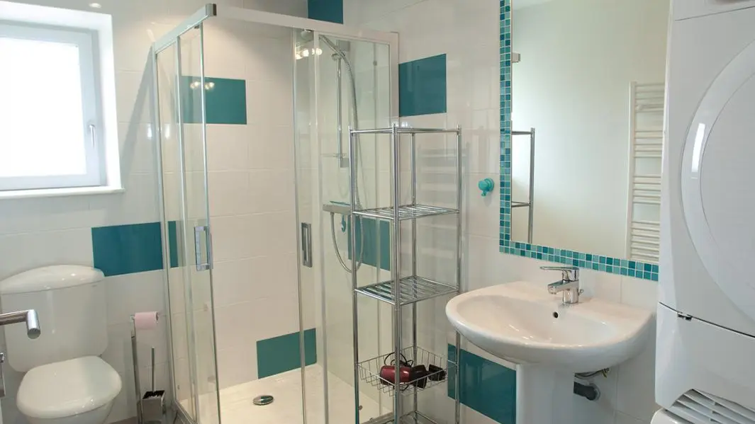 Salle de bain equipee d'une machine a laver et d'un seche-linge