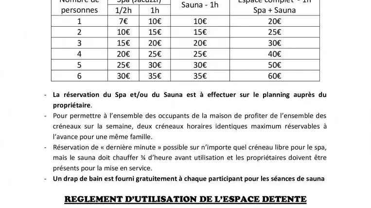 Tarif et règlement espace détente.